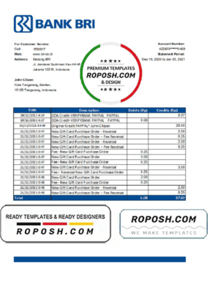 Indonesia Bank Rakyat Indonesia (BRI) bank statement template in .xls and .pdf file format