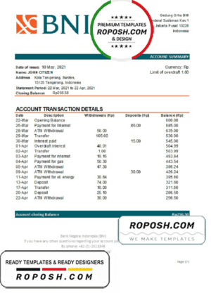 Indonesia Bank Negara Indonesia (BNI) bank statement easy to fill template in Excel and PDF format