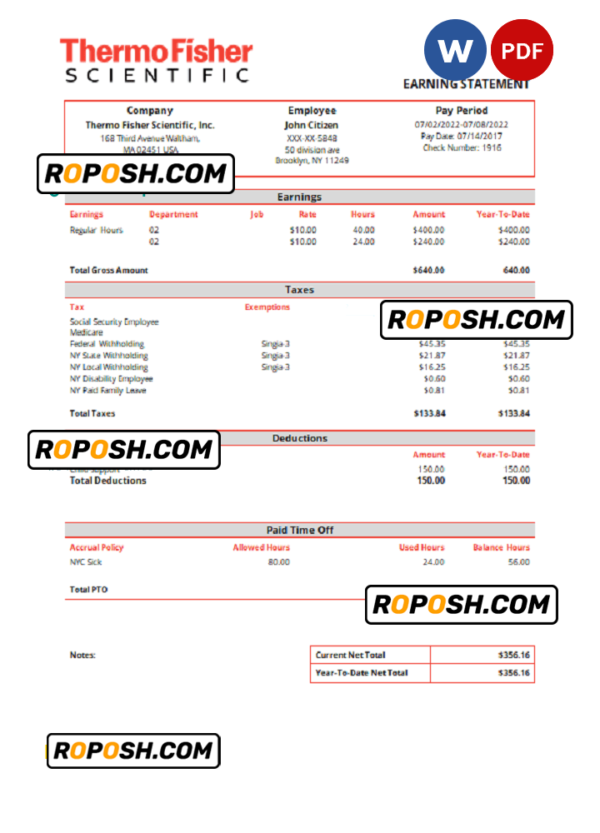 USA Thermo Fisher Scientific laboratory instruments company pay stub Word and PDF template