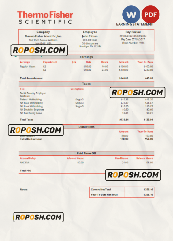 USA Thermo Fisher Scientific laboratory instruments company pay stub Word and PDF template