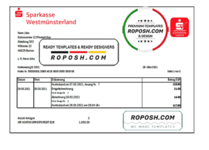 Germany Sparkasse Westmunsterland proof of address bank statement template in Excel and PDF format