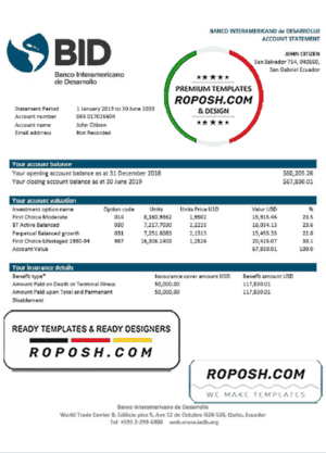 Ecuador Banco Interamericano de Desarrollo (BID) bank statement template in Word and PDF format, good for address prove