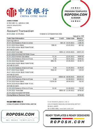 China Citic Bank Corp bank statement easy to fill template in Excel and PDF format