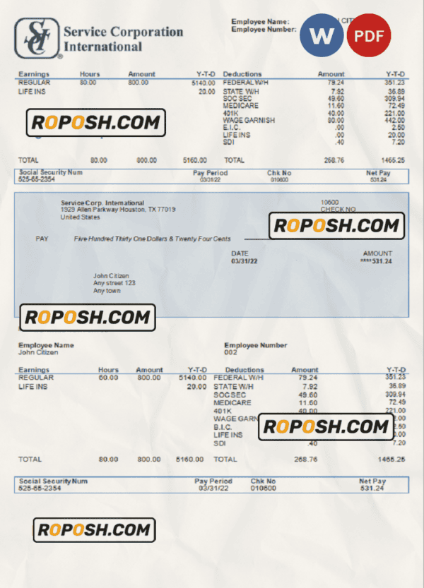 USA Service Corp. International consumer discretionary company pay stub Word and PDF template