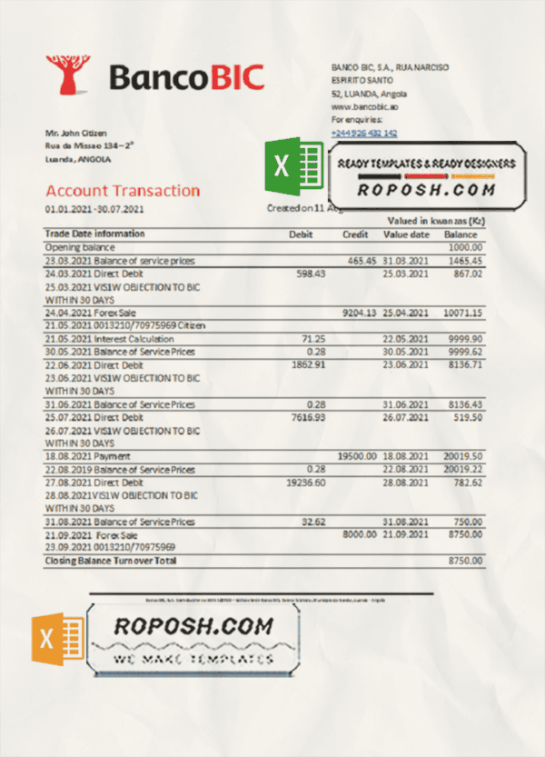 Angola Banco BIC bank statement template in Excel and PDF format