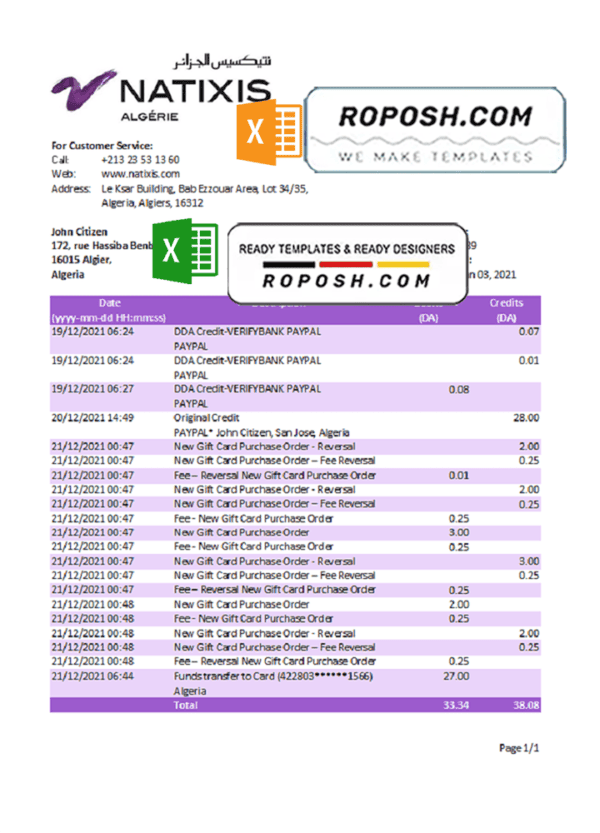 Algeria Natixis Algerie bank statement template in Excel and PDF format