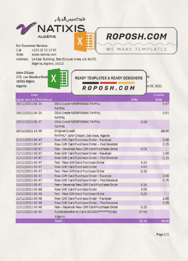 Algeria Natixis Algerie bank statement template in Excel and PDF format