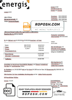 Germany Energis utility bill template in Word and PDF format, fully editable