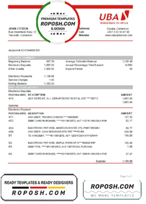Cameroon UBA bank statement easy to fill template in Excel and PDF format