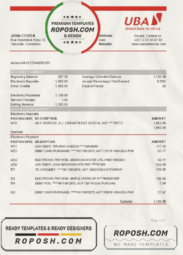 Cameroon UBA bank statement easy to fill template in Excel and PDF format