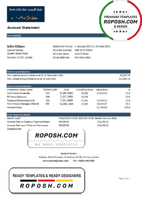 Jordan Bank of Jordan bank statement easy to fill template in .xls and .pdf file format