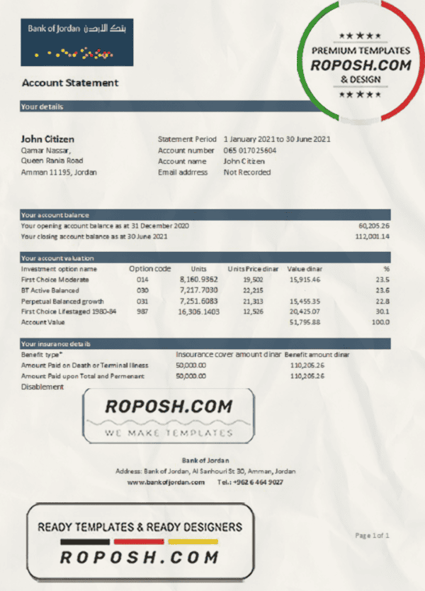 Jordan Bank of Jordan bank statement easy to fill template in .xls and .pdf file format