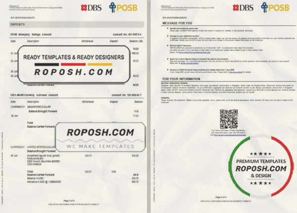 Singapore DBS bank proof of address statement template in Excel and PDF format, 4 pages