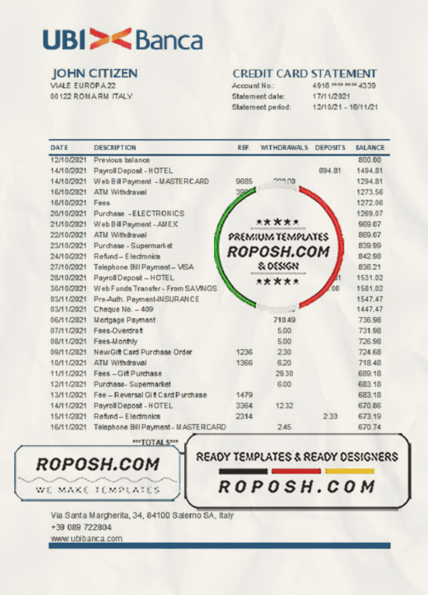 Italy UBI BANCA bank statement easy to fill template in Excel and PDF format
