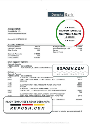 Finland Danske Bank statement template in Word and PDF format