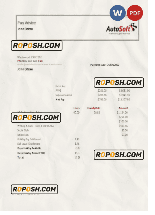 Australia NSW AutoSoft payslip Word and PDF template