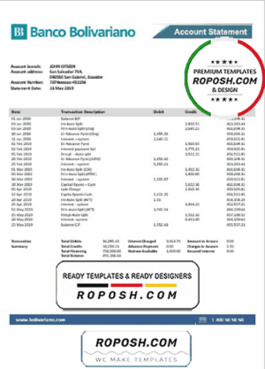Ecuador Banco Bolivariano proof of address bank statement template in Word and PDF format