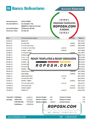 Ecuador Banco Bolivariano bank statement easy to fill template in .xls and .pdf file format