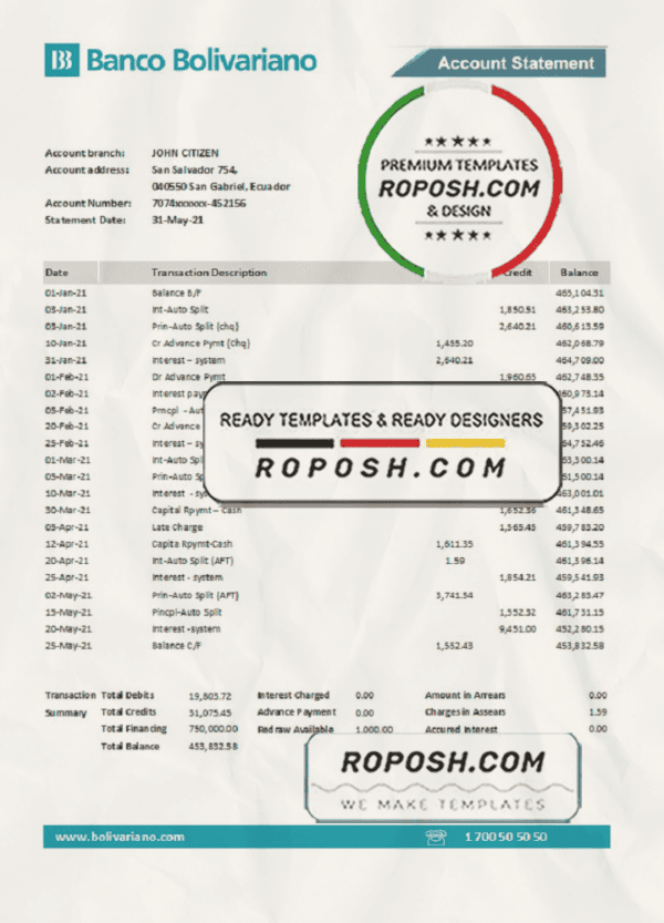 Ecuador Banco Bolivariano bank statement easy to fill template in .xls and .pdf file format
