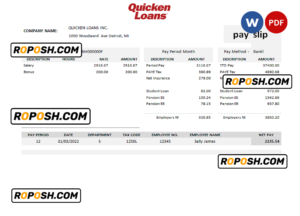 USA Quicken Loans Inc. mortgage loan company pay stub Word and PDF template