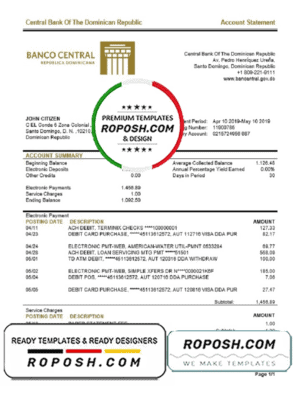Dominican Republic Central Bank of The Dominican Republic proof of address bank statement template in Word and PDF format