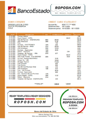 Chile Banco del Estado de Chile bank statement template in Word and PDF format