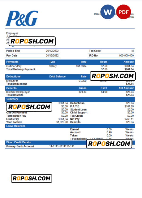 USA Procter & Gamble consumer products company pay stub Word and PDF template