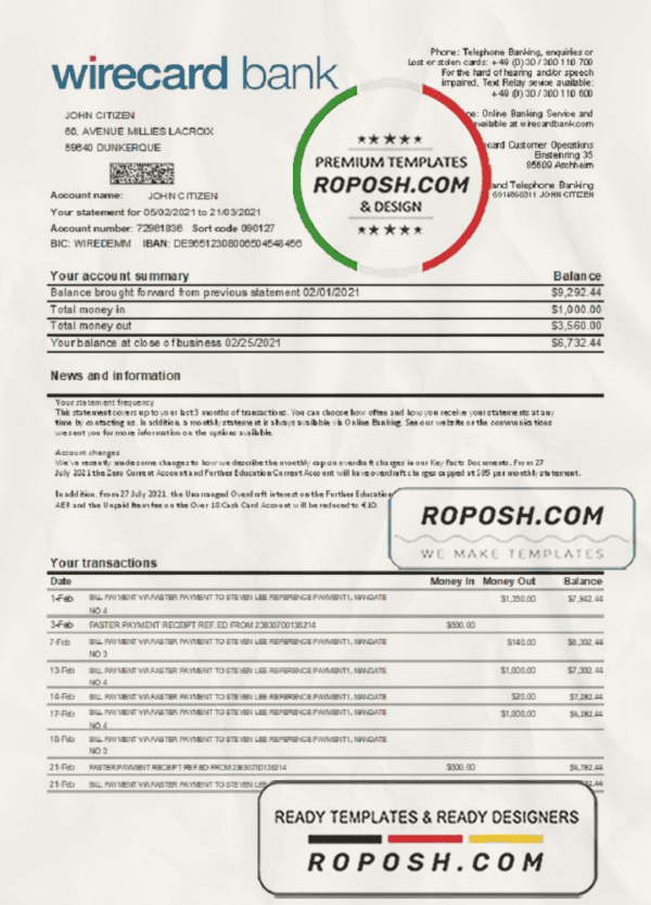Germany Aschheim Wirecard bank statement easy to fill template in Excel and PDF format