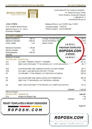 Dominican Republic Central Bank Of The Dominican Republic bank statement template in Excel and PDF format