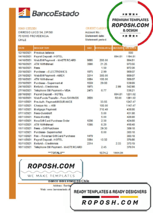 Chile Banco del Estado de Chile bank statement easy to fill template in .xls and .pdf file format