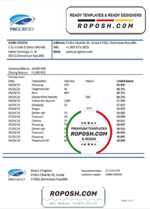 Dominican Republic Progreso bank statement template, Word and PDF format (.doc and .pdf)