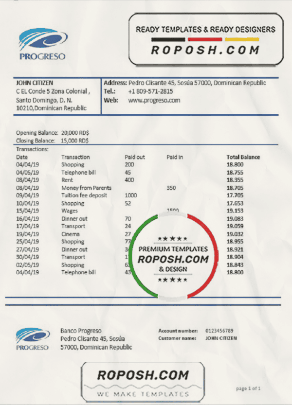 Dominican Republic Progreso bank statement template, Word and PDF format (.doc and .pdf)
