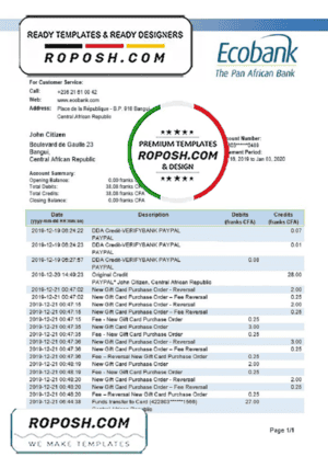 Central African Republic Ecobank proof of address template in Word and PDF format