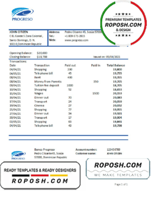 Dominican Republic Progreso bank statement template, Excel and PDF format (.xls and .pdf)