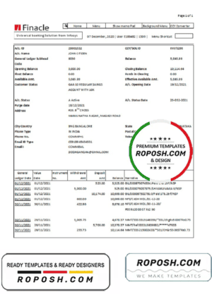 India Finacle bank statement easy to fill template in Excel and PDF format