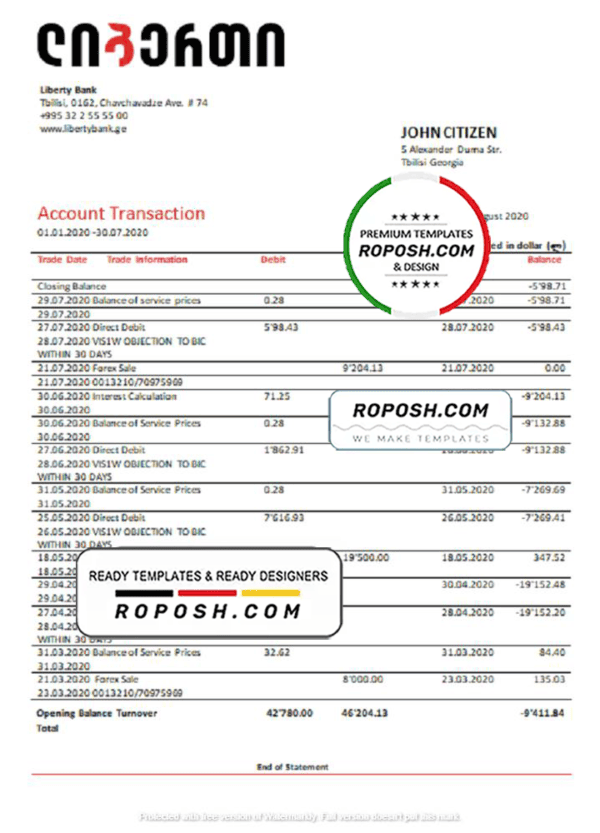 Georgia Liberty Bank proof of address statement template in Word and PDF format, fully editable