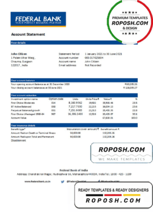 India Federal Bank statement easy to fill template in .xls and .pdf file format
