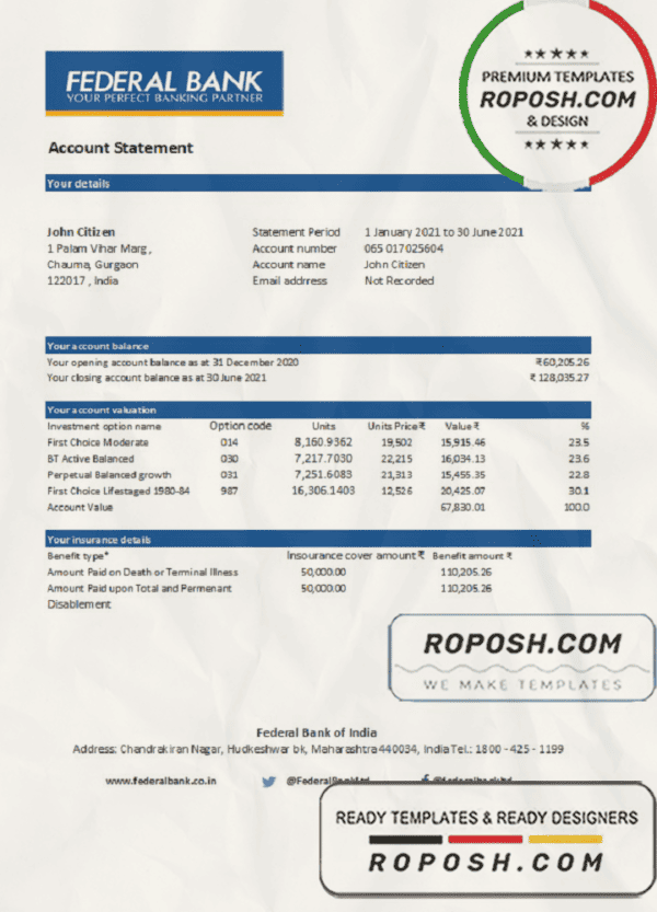 India Federal Bank statement easy to fill template in .xls and .pdf file format