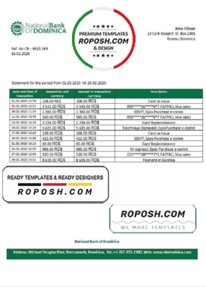Dominica National Bank of Dominica bank statement template in Word and PDF format