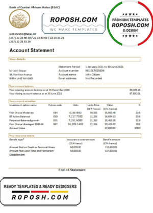 Central African Republic Bank of Central African States BEAC bank statement easy to fill template in .xls and .pdf file format (AutoSum)