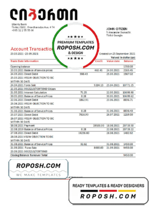 Georgia Liberty Bank statement easy to fill template in Excel and PDF format