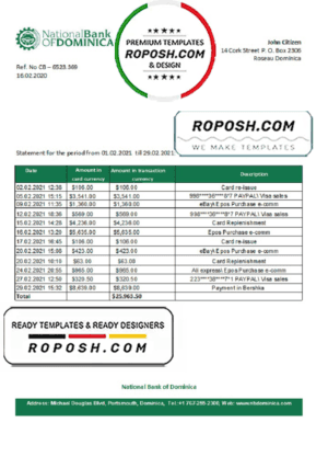 Dominica National Bank of Dominica bank statement easy to fill template in Excel and PDF format