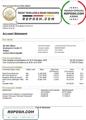 Central African Republic Bank of Central African States (BEAC) bank statement template, Word and PDF format (.doc and .pdf)