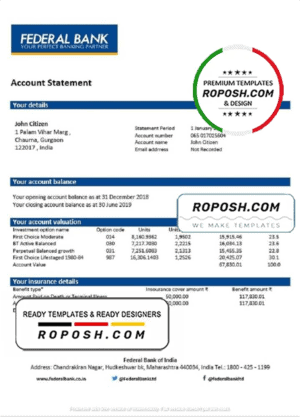 India Federal Bank proof of address statement template in Word and PDF format, .doc and .pdf format