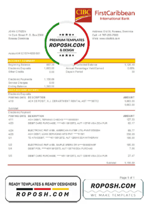 Dominica CIBC First Caribbean International Bank statement easy to fill template in .xls and .pdf file format