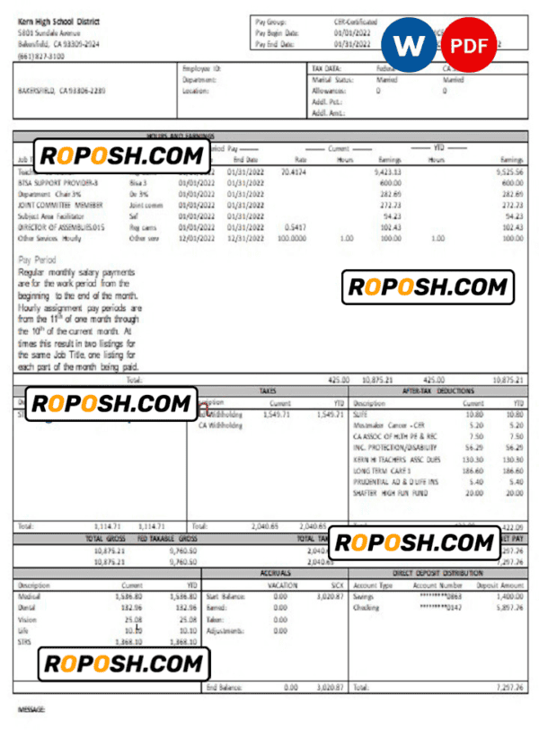 USA California Kern highschool District earnings statement Word and PDF template