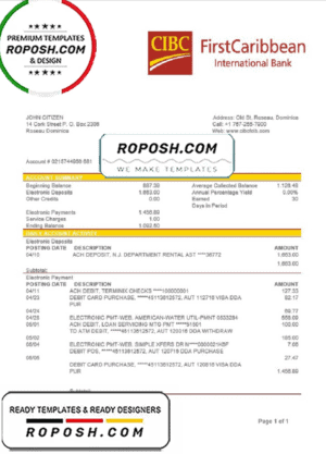 Dominica CIBC First Caribbean International Bank proof of address statement template in Word and PDF format