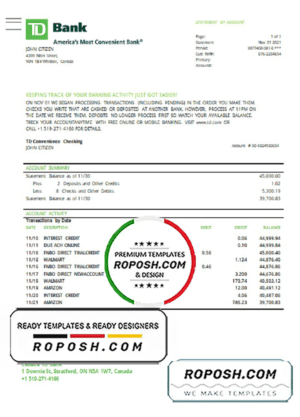 Canada TD Bank proof of address statement template in Word and PDF format (.doc and .pdf)