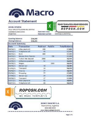 Argentina Banco Macro S. A. bank statement template in Excel and PDF format
