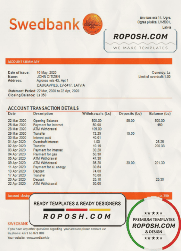 Latvia Swedbank bank statement template, Word and PDF format (.doc and .pdf)